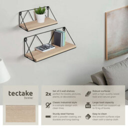 Tectake Wall Shelves - Set Of 2, Wooden, Decorative Metal Brackets, High Load-Capacity  - Industrial Wood Light, Oak Sonoma - thumbnail 2