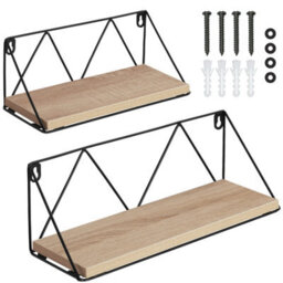 Tectake Wall Shelves - Set Of 2, Wooden, Decorative Metal Brackets, High Load-Capacity  - Industrial Wood Light, Oak Sonoma