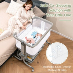 Costway Baby Bassinet Bedside Sleeper Bedside Crib W/ 6-Level Adjustable Height-Light Grey - thumbnail 3
