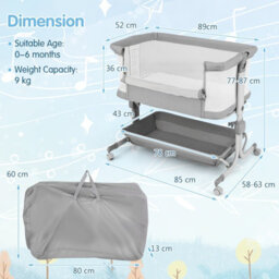 Costway Baby Bassinet Bedside Sleeper Bedside Crib W/ 6-Level Adjustable Height-Light Grey - thumbnail 2