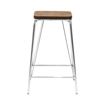 Orsina Sleek Chrome Metal And Elm Wood Stool, Sturdy And Reliable Large Square Stool, Wooden Bar Stool For Home Bar - image 1