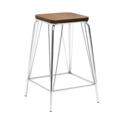 Orsina Sleek Chrome Metal And Elm Wood Stool, Sturdy And Reliable Large Square Stool, Wooden Bar Stool For Home Bar - thumbnail 2