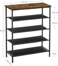 Songmics Shoe Display Stand 5 Tier, Slim Shoe Organizer With 4 Cloth Shelves And Upper Section, Industrial, Rustic Brown And Black - thumbnail 2