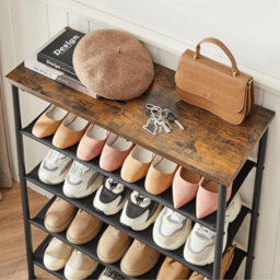 Songmics Shoe Display Stand 5 Tier, Slim Shoe Organizer With 4 Cloth Shelves And Upper Section, Industrial, Rustic Brown And Black - thumbnail 4