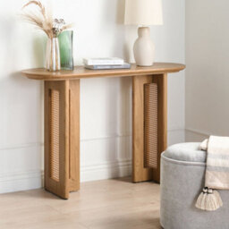 Wyld and Coco Casaluxe 120Cm Console Table Light Brown Mdf With Rattan Panel Legs - Slim Round Silhouette For Hallways And Living Rooms - thumbnail 2