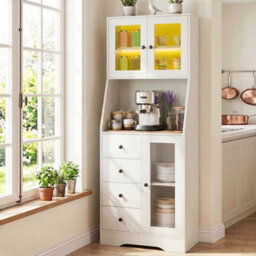 Kitchen Pantry Cupboard White 163Cm Tall Cabinet With Led Lights & Drawers - thumbnail 3