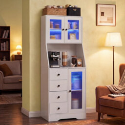 Kitchen Pantry Cupboard White 163Cm Tall Cabinet With Led Lights & Drawers - thumbnail 4