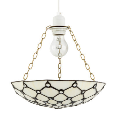 Happy Homewares White Toned And Clear Beaded Tiffany Glass Easy Fit Bowl Pendant Shade - image 1