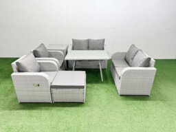 Fimous 7 Seater Rattan Garden Furniture Set Outdoor Love Sofa Set With Dining Table Side Table Big Footstool Light Grey - thumbnail 1