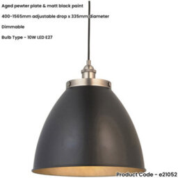 Loops Hanging Ceiling Pendant Light - Large - Aged Pewter Plate & Matt Black Paint - 10W Led E27 - thumbnail 2