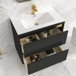 Royal Bathrooms Orion 800mm Matt Obsidian Black 2 Drawer Floor Standing Vanity Unit With Ceramic Basin & Brushed Brass Strip - thumbnail 4