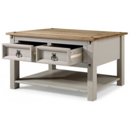 Mercers Furniture Corona Coffee Table Grey Wax 2 Drawer 1 Shelf Solid Wooden Pine With Mexican Styling - thumbnail 2