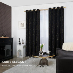 Deconovo Gold Dotted Line Foil Printed Blackout Curtains, Eyelet Room Darkening Curtains For Bedroom W52 X L63 Inch, Black, 1 Pair - thumbnail 5