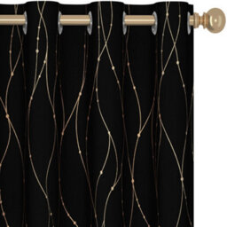 Deconovo Gold Dotted Line Foil Printed Blackout Curtains, Eyelet Room Darkening Curtains For Bedroom W52 X L63 Inch, Black, 1 Pair - thumbnail 1