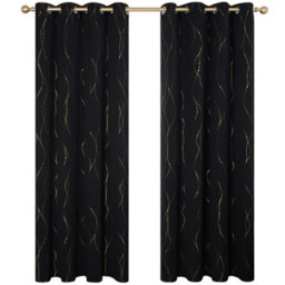 Deconovo Gold Dotted Line Foil Printed Blackout Curtains, Eyelet Room Darkening Curtains For Bedroom W52 X L63 Inch, Black, 1 Pair - thumbnail 2