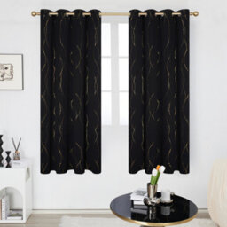 Deconovo Gold Dotted Line Foil Printed Blackout Curtains, Eyelet Room Darkening Curtains For Bedroom W52 X L63 Inch, Black, 1 Pair - thumbnail 3
