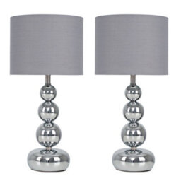 Valuelights Marissa Pair Of - Polished Chrome Stacked Ball Table Lamps With Grey Shade - Complete With 5W Led Bulbs 3000K