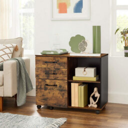 Songmics Mobile Filing Cabinet With Three Drawers, Printer Stand, And Open Compartments, Rustic Brown And Black - thumbnail 4