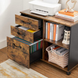 Songmics Mobile Filing Cabinet With Three Drawers, Printer Stand, And Open Compartments, Rustic Brown And Black - thumbnail 5