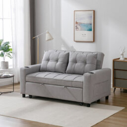 More4Homes Hudson 2-Seater Sofa Bed Linen Fabric With Cup Holders Light Grey