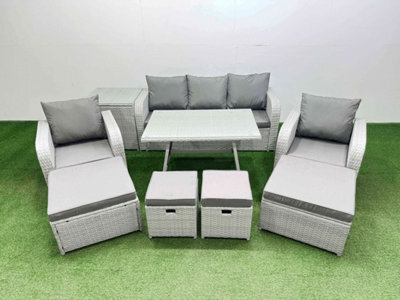 Fimous Rattan Garden Furniture Dining Set 9-Seater Patio Rectangular Table Sofa Set With Side Table 4 Stools Light Grey - image 1