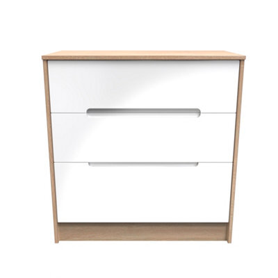 Turin 3 Drawer Deep Chest In White Gloss & Bardolino Oak (Ready Assembled) - image 1