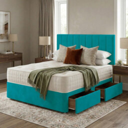 Adore Designs Portland Plush Velvet Divan Bed, Headboard - 5Ft Kingsize - Mallard - 2 Drawers Same Side - thumbnail 1