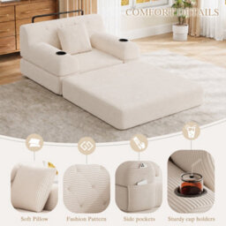 Matteo 1-Seater Sleeper Sofa, Corduroy Upholstered Guest Chair With Metal Frame & Storage, Beige - thumbnail 5