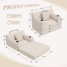 Matteo 1-Seater Sleeper Sofa, Corduroy Upholstered Guest Chair With Metal Frame & Storage, Beige - thumbnail 2