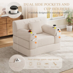 Matteo 1-Seater Sleeper Sofa, Corduroy Upholstered Guest Chair With Metal Frame & Storage, Beige - thumbnail 7