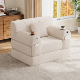 Matteo 1-Seater Sleeper Sofa, Corduroy Upholstered Guest Chair With Metal Frame & Storage, Beige - thumbnail 4