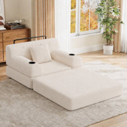 Matteo 1-Seater Sleeper Sofa, Corduroy Upholstered Guest Chair With Metal Frame & Storage, Beige - thumbnail 1