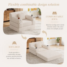 Matteo 1-Seater Sleeper Sofa, Corduroy Upholstered Guest Chair With Metal Frame & Storage, Beige - thumbnail 3