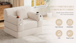 Matteo 1-Seater Sleeper Sofa, Corduroy Upholstered Guest Chair With Metal Frame & Storage, Beige - thumbnail 9