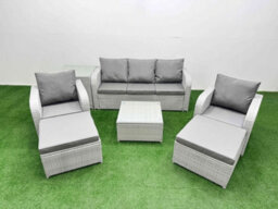 Fimous Pe Rattan Garden Furniture Set Reclining Chair Lounge Sofa Set Square Coffee Table Side Table 2 Big Footstool Light Grey - thumbnail 2