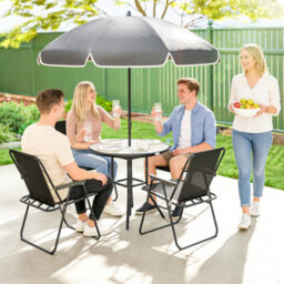 Outsunny 6 Pieces Garden Furniture Set With Parasol, Folding Chairs, Black - thumbnail 9