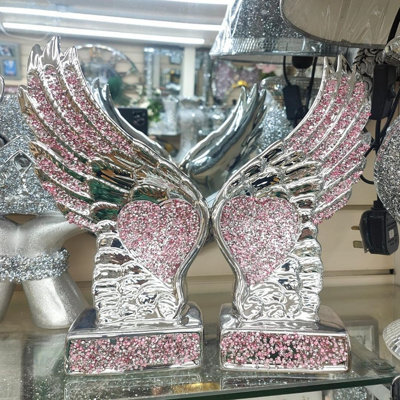 Pink Crushed Diamond Sparkly Pair Wings Angel Decoration Shelf Sitter