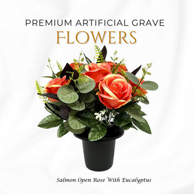 Premium Artificial Grave Flowers - 25Cm Salmon Open Rose With Eucalyptus Memorial Vase Pot