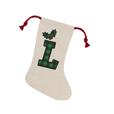 Purely Home Green Tartan Alphabet Letter L Stocking - Novelty Initial Xmas Gift Linen-Style With Red Drawstring Ties - image 1