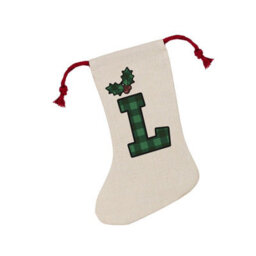 Purely Home Green Tartan Alphabet Letter L Stocking - Novelty Initial Xmas Gift Linen-Style With Red Drawstring Ties - thumbnail 2