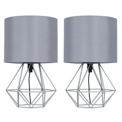 Valuelights Angus Pair Of Modern Grey Metal Basket Cage Bed Side Table Lamps With Grey Fabric Shade And Led Bulb - image 1