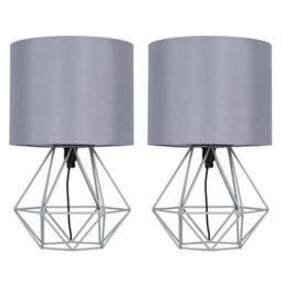 Valuelights Angus Pair Of Modern Grey Metal Basket Cage Bed Side Table Lamps With Grey Fabric Shade And Led Bulb - thumbnail 1