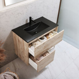 Homestylestore Light Oak 812mm Wall Hung Bathroom Vanity Unit Led Lit Open Shelf And Graphite Basin - thumbnail 2