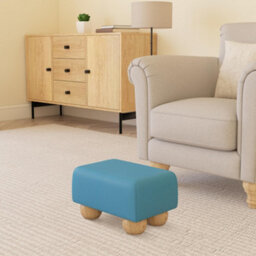 Lapis Blue Natural Wood Bun Feet Faux Leather Small Footstool  Handmade Uk By Footstools Direct