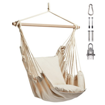 Vonhaus Hanging Chair, Beige Garden Hammock Chair Swing Seat, Cotton Rope Swing Chair With Tree Attachment, Portable Garden Chair - image 1