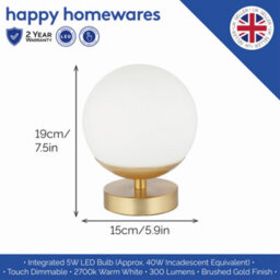 Happy Homewares Modern Touch Dimmable Led White Globe Glass Table Lamp With Brushed Gold Base - thumbnail 4