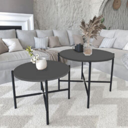 Urbn-Living Urbnliving 65Cm Width 2Pcs Round Anthracite Wooden Nesting End Coffee & Side Table Set With Metal Legs