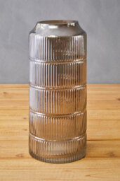 Orsina Modern Large Grey Textured Glass Vase, Ribbed Design Flower Vase For Contemporary Spaces, Modern Large Vase - thumbnail 2