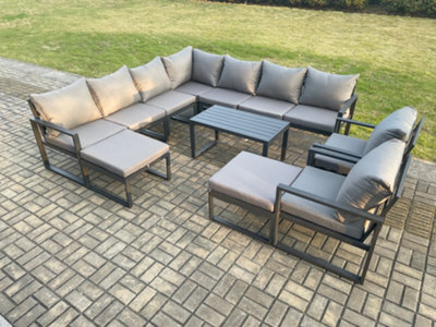 Fimous Aluminium Outdoor Garden Furniture Set Lounge Corner Sofa 2 Pcs Chair Oblong Coffee Table Sets With 2 Big Footstools