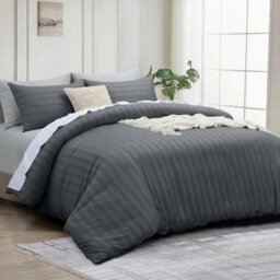 Bedlooms Charcoal Stripe Duvet Cover Complete Bedding Set, Breathable & Anti-Allergic Microfiber, Super King 260X220Cm - thumbnail 1